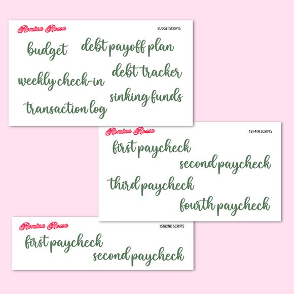 March 2024 Budgeting & Paycheck Script Stickers | Planner Stickers