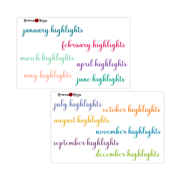 Monthly Highlights Script Stickers - Colorful & Black
