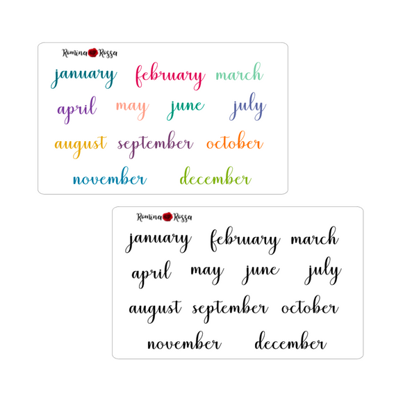 Monthly Script Stickers - Colorful & Black